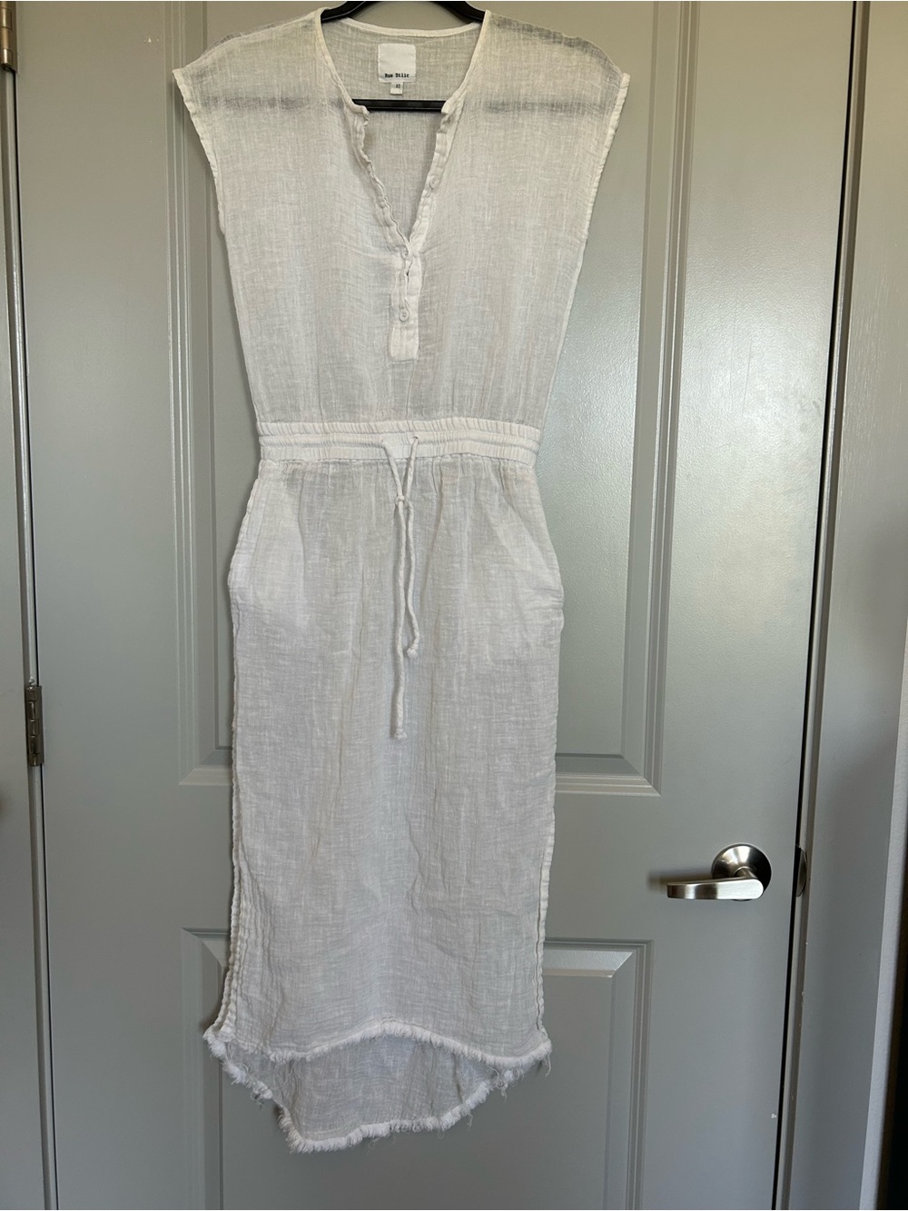 Rue Stiic XS White Linen Midi Dress Drawstring Raw Hem Coastal Boho